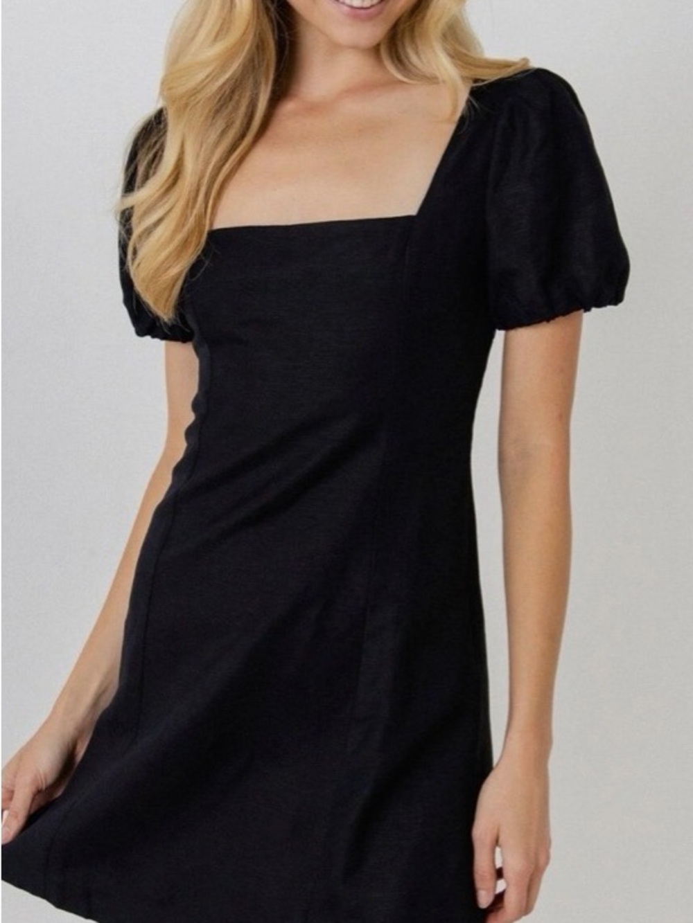 Divided Black Square-Neck Puff Sleeve Mini Dress
